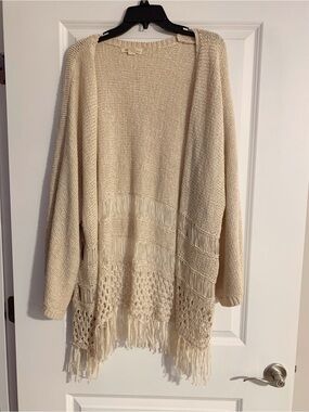Double Zero Cream Open-Front Fringe Knit Cardigan